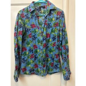 RU Women Blue Floral Western Pearl Snap Shirt Cotton Pick Stitch Long Sleeve M